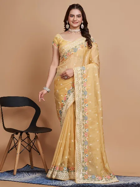 Mustard Tabby Organza Saree With Beautiful Embroidery Work and Blouse