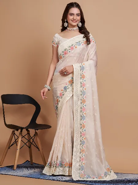 Cream Tabby Organza Saree With Beautiful Embroidery Work and Blouse
