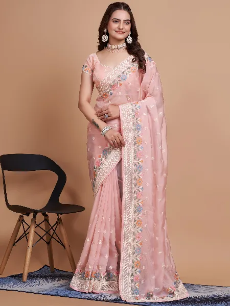 Light Pink Tabby Organza Saree With Beautiful Embroidery Work and Blouse