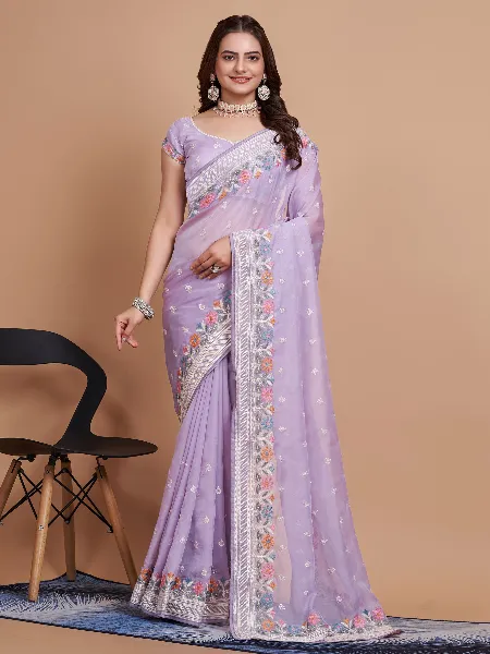 Lavender Tabby Organza Saree With Beautiful Embroidery Work and Blouse
