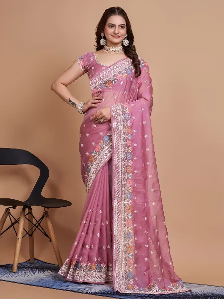 Light Purple Tabby Organza Saree With Beautiful Embroidery Work and Blouse