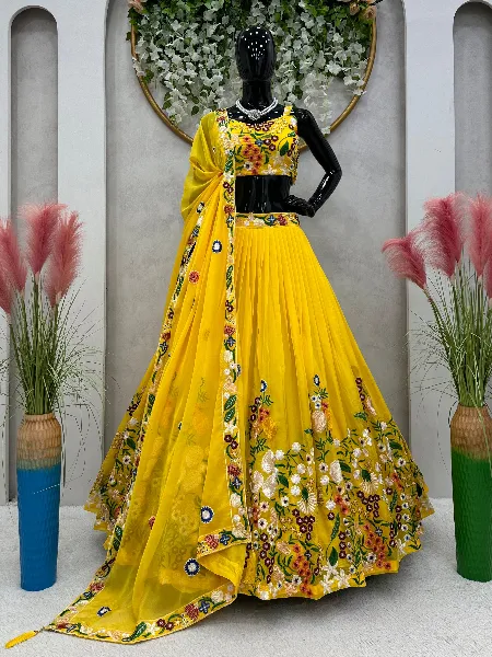 Ochre Yellow And Grey Embroidered Flared Anarkali Lehenga - Hatkay
