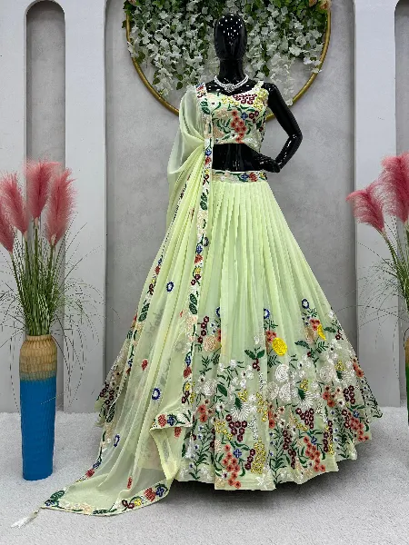 Light Yellow Color Lehenga Choli With Heavy Colorful Embroidery Work