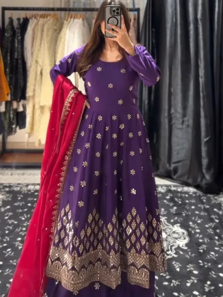 Purple Color Designer Top Sharara Set With Sequins and Embroidery Work