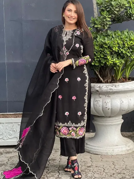 Black Jacquard Embordered Festive Pant Salwar Suit