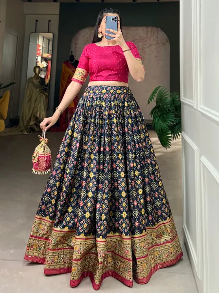 Navy Blue Ready to Wear Lehenga Choli in Dola Silk With Foil Print and Stone Work