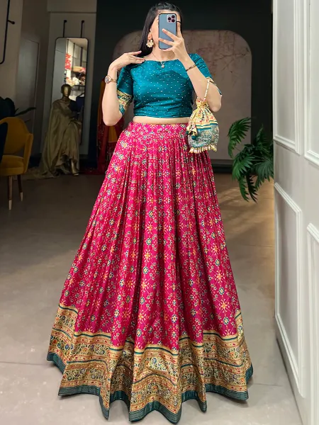 Pink Ready to Wear Lehenga Choli in Dola Silk With Foil Print and Stone Work