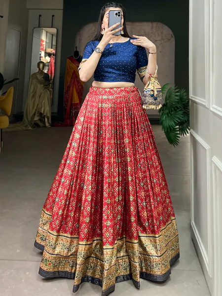 Red Ready to Wear Lehenga Choli in Dola Silk With Foil Print and Stone Work
