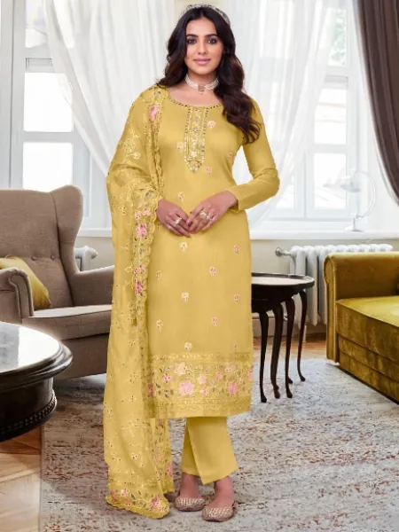 Yellow Color Salwar Suit in Viscous With Sequence Embroidery and Mirror Work