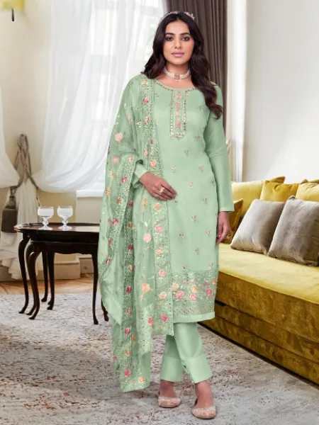 Pista Color Salwar Suit in Viscous With Sequence Embroidery and Mirror Work
