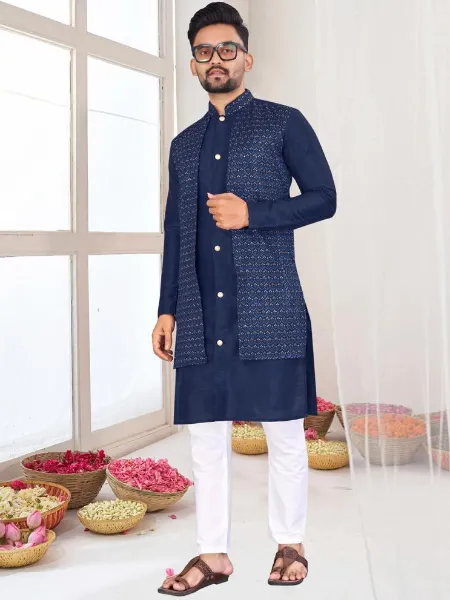 Navy Blue Men's Indo-Western Kurta With Pajama and Jacquard Koti Men's Wedding Wear
