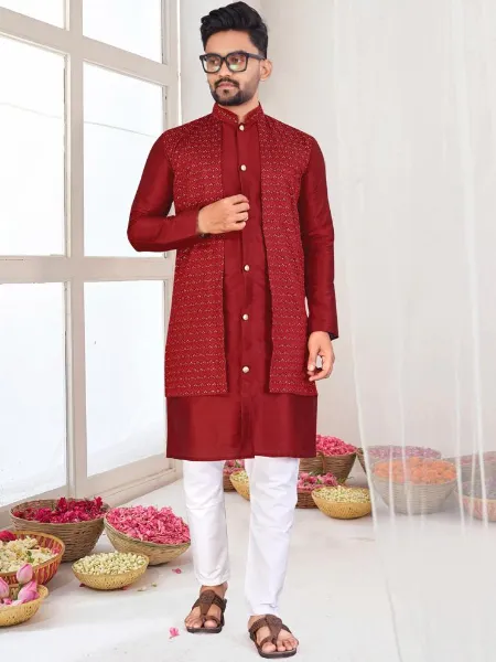 Maroon Men's Indo-Western Kurta With Pajama and Jacquard Koti Men's Wedding Wear