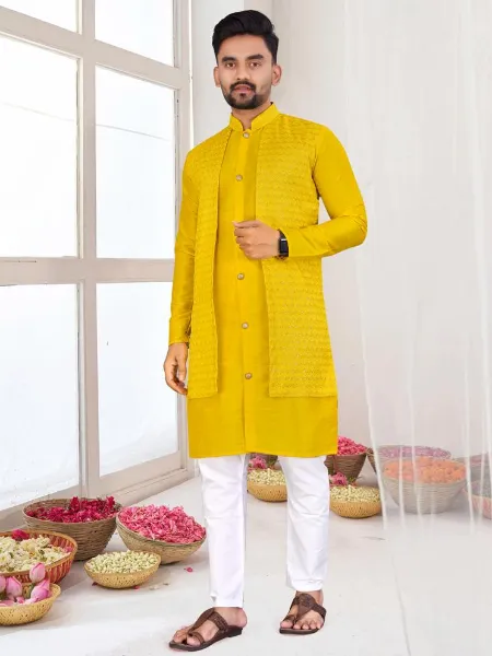 Yellow Men's Indo-Western Kurta With Pajama and Jacquard Koti Men's Wedding Wear