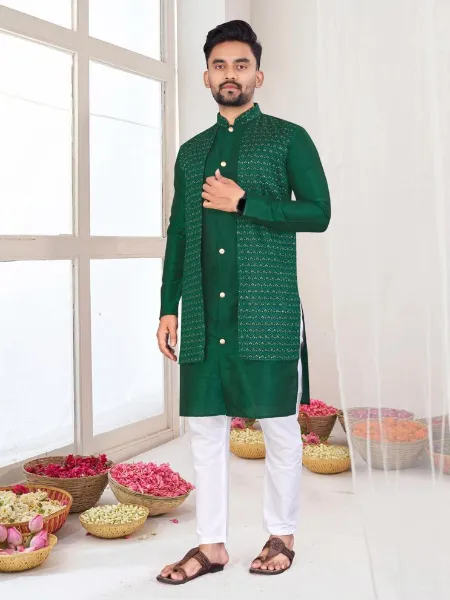 Green Men's Indo-Western Kurta With Pajama and Jacquard Koti Men's Wedding Wear