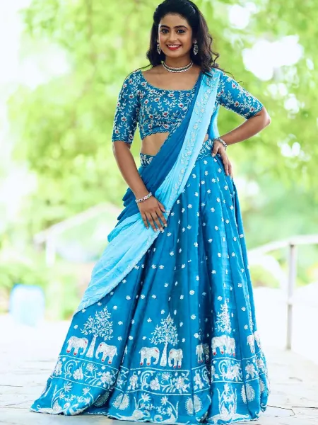 Ready to Wear Lehenga Choli in Rama Color Chinon Fabric With Embroidery Work