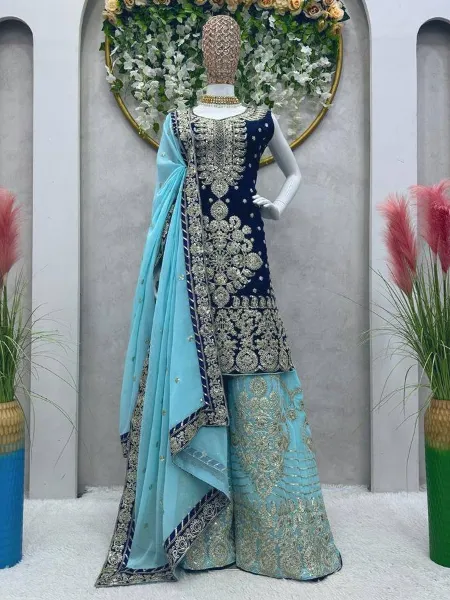 Heavy Work Sharara Suit in Georgette With Designer Top and Dupatta in Blue