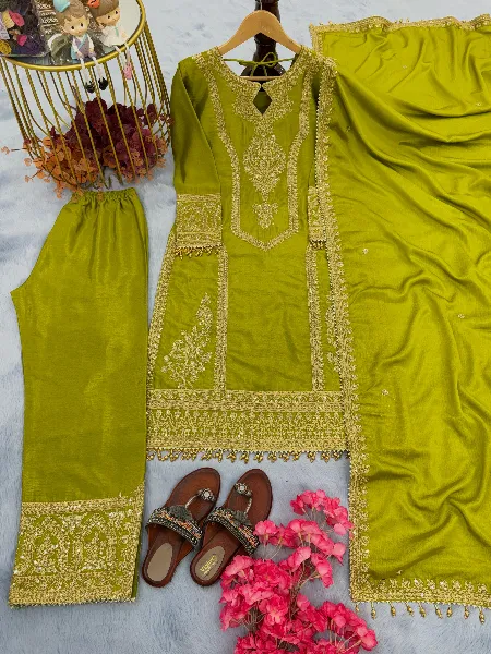 Parrot Color Top and Palazzo Suit in Chinon With Heavy Embroidery Dupatta