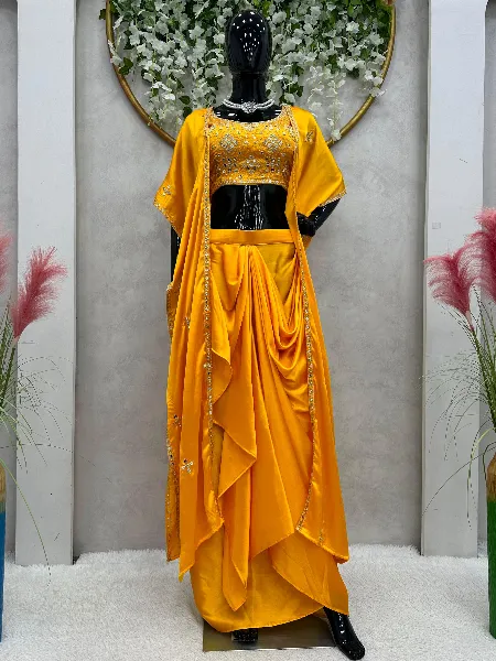 Haldi Special Dhoti With Choli and Jacket in Yellow Satin With Embroidery