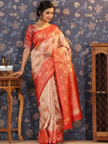Peach Banarasi Silk Saree With Weaving Work and Heavy Work Blouse