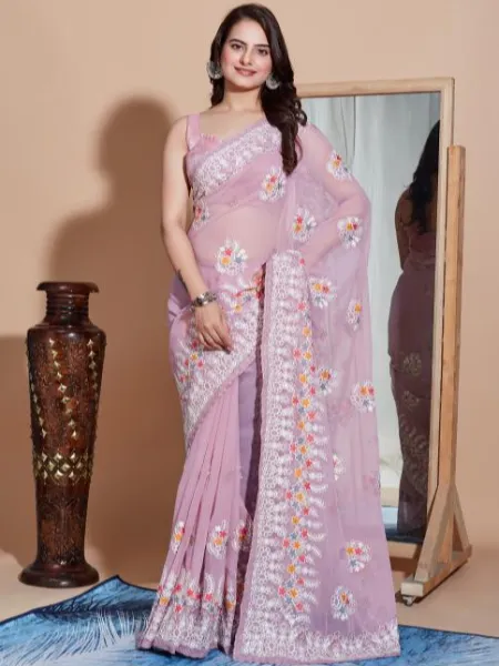 Onion Color Georgette Saree With Colorful Embroidery Work and Blouse