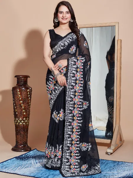Black Color Georgette Saree With Colorful Embroidery Work and Blouse