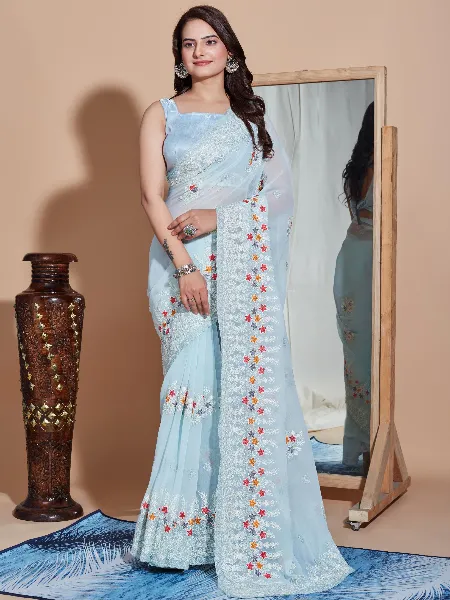 Sky Color Georgette Saree With Colorful Embroidery Work and Blouse