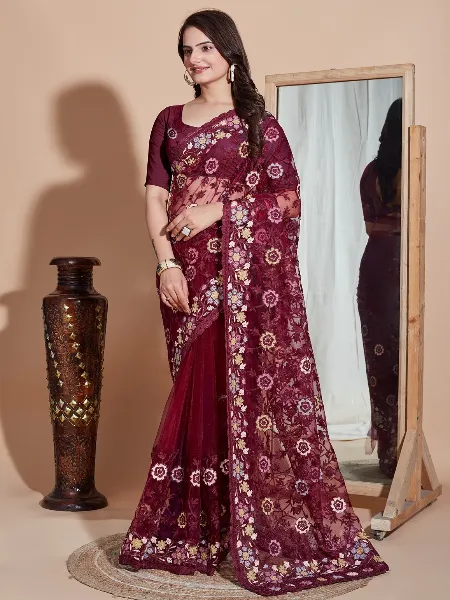 Wine Color Soft Net Saree With Colorful Embroidery Work and Blouse