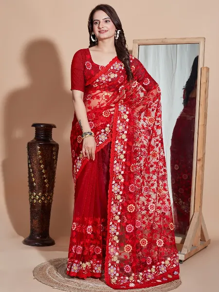 Red Color Soft Net Saree With Colorful Embroidery Work and Blouse