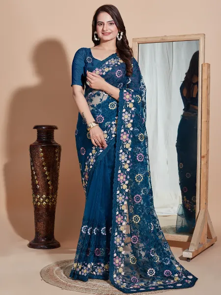 Blue Color Soft Net Saree With Colorful Embroidery Work and Blouse