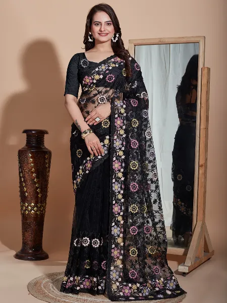 Black Color Soft Net Saree With Colorful Embroidery Work and Blouse