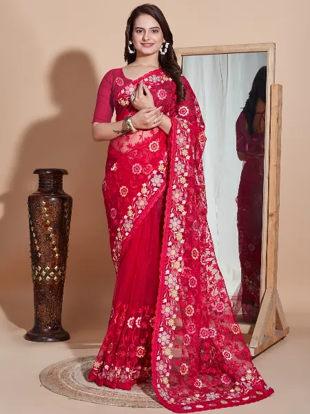 Pink Color Soft Net Saree With Colorful Embroidery Work and Blouse