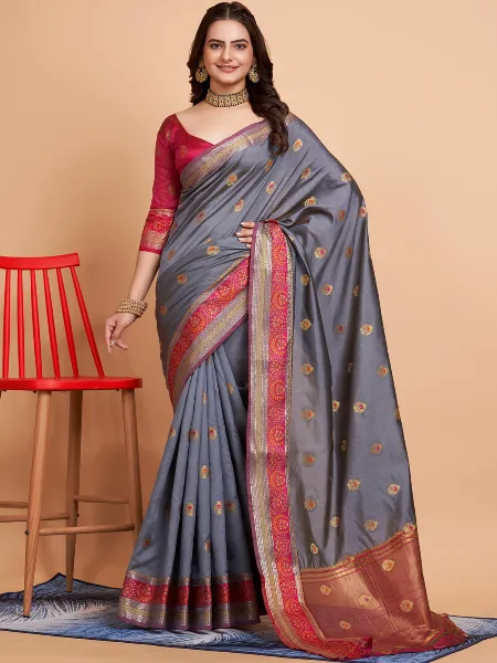 Grey Soft Maithili Silk Saree With Zari Weaving Work and Blouse