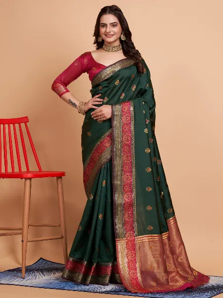 Green Soft Maithili Silk Saree With Zari Weaving Work and Blouse