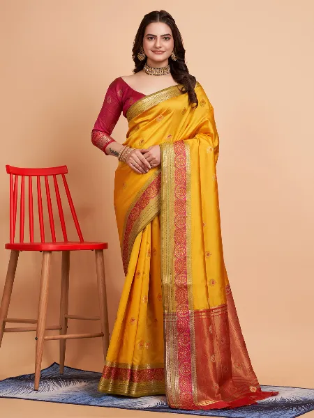 Yellow Soft Maithili Silk Saree With Zari Weaving Work and Blouse