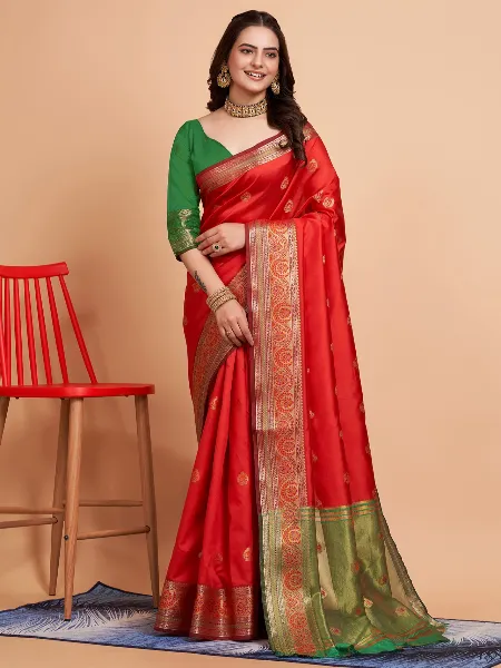 Red Soft Maithili Silk Saree With Zari Weaving Work and Blouse