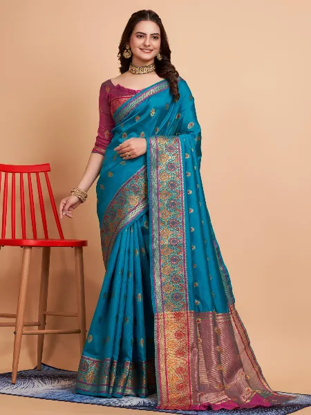 Teal Soft Banarasi Silk Saree With Zari Weaving Work and Blouse