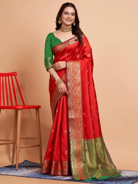 Red Soft Banarasi Silk Saree With Zari Weaving Work and Blouse