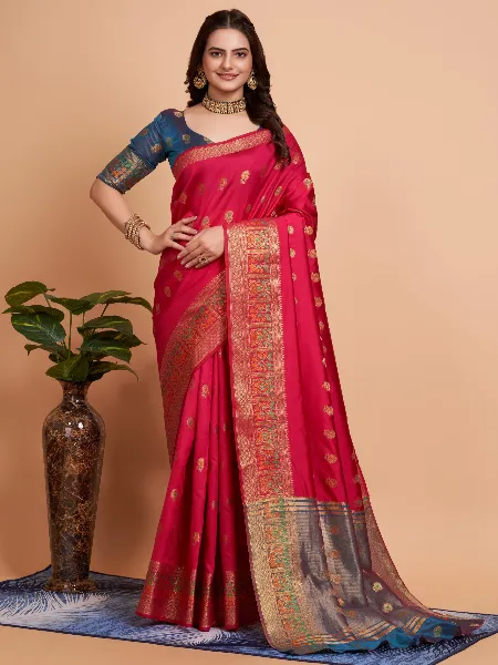 Pink Soft Banarasi Silk Saree With Zari Weaving Work and Blouse