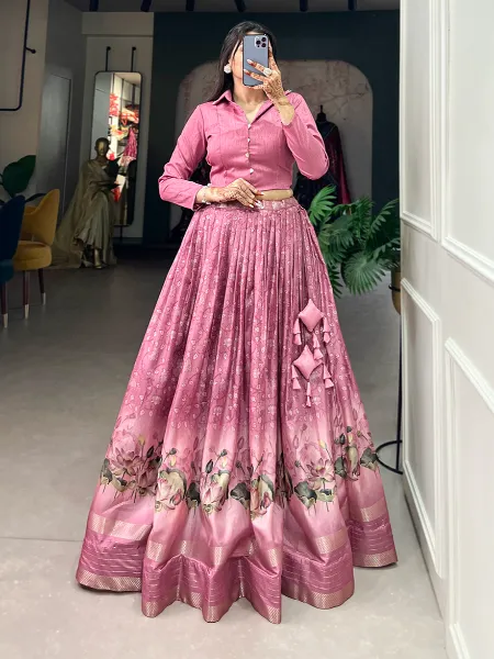 Baby Pink Ready to Wear Lehenga Choli in Dola Silk With Floral Print and Zari Border