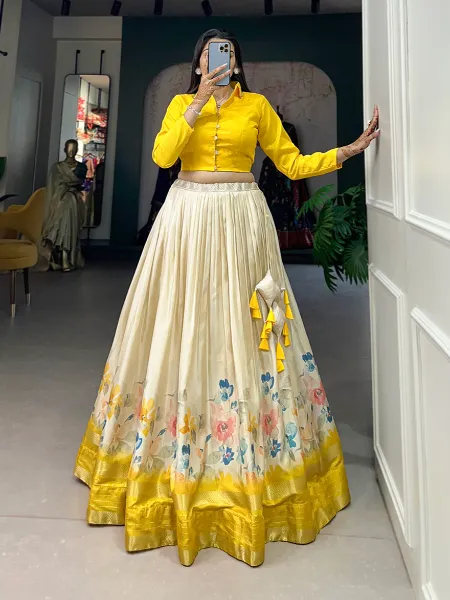 Yellow Ready to Wear Lehenga Choli in Dola Silk With Floral Print and Zari Border
