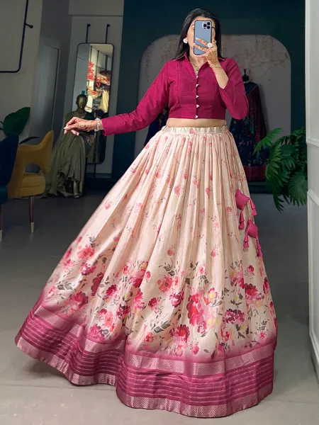 Rani Pink Ready to Wear Lehenga Choli in Dola Silk With Floral Print and Zari Border