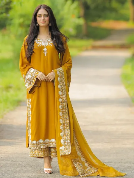 Mustard Color Salwar Suit in Maska Silk With Dupatta and Embroidery Work