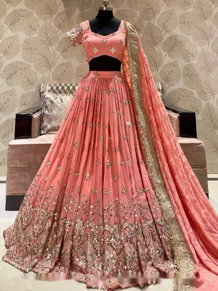 Peach Lehenga Choli in Georgette With 5mm Sequins for Wedding With Dupatta