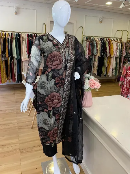 Black Color Maslin Salwar Suit With Digital Print Embroidery and Dupatta