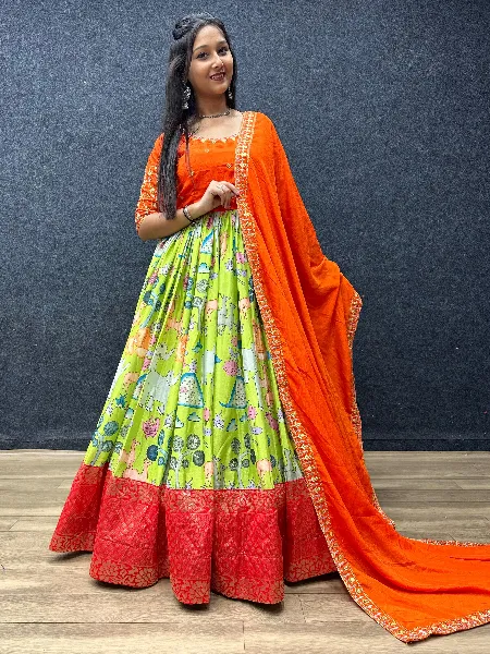 Parrot and Orange Color Designer Gown in Chinon With Kalamkari Digital Print