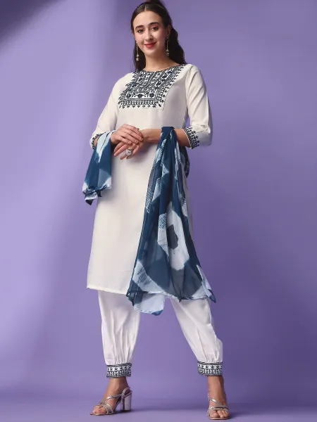 White Women Embroidered Kurta With Afghan Style Pant & Dupatta Set in Rayon