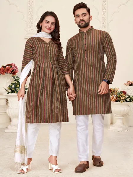 Coffee Couple Combo in Linen Cotton for Women Kurti With Men's Kurta Set