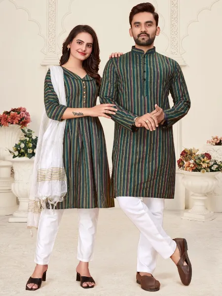Rama Couple Combo in Linen Cotton for Women Kurti With Men's Kurta Set