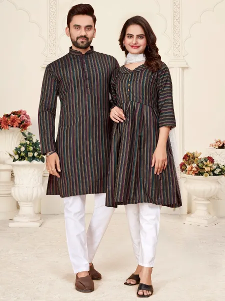 Black Couple Combo in Linen Cotton for Women Kurti With Men's Kurta Set