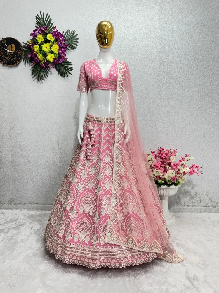 Buy Pink Butterfly Net Can Can Lehenga | Appelle Fashion